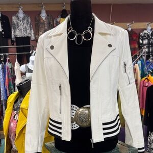 White Faux Leather Jacket with Black and White Striped Hem